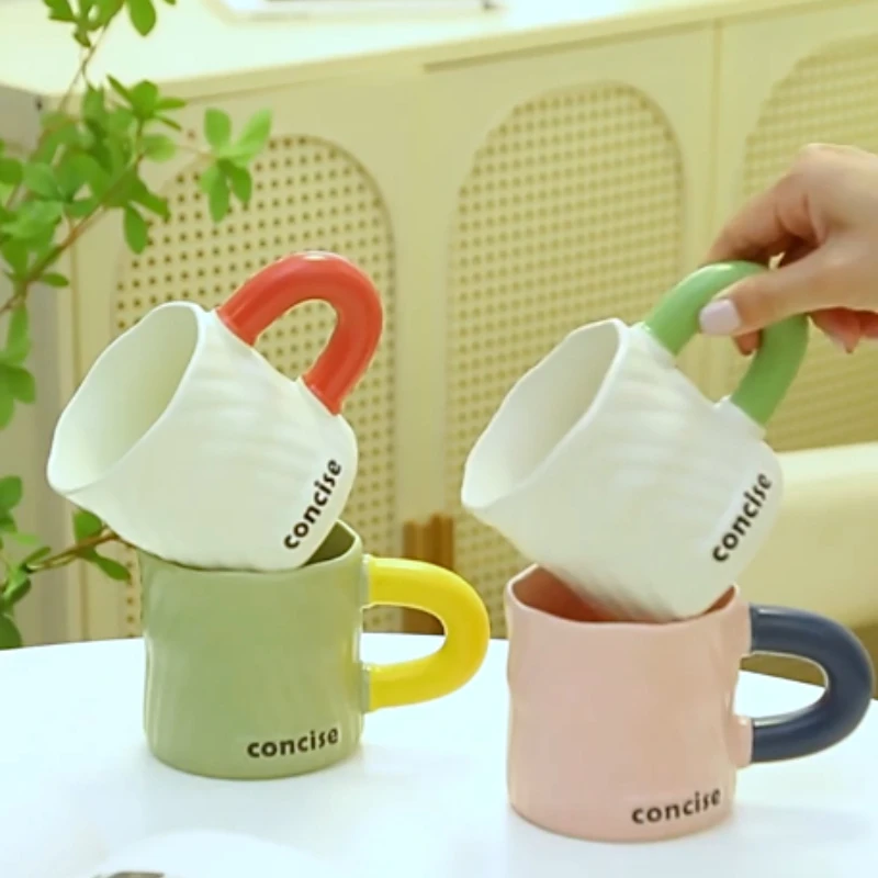 Creative Contrasting Color Handgrip Mugs Household Letter Milk/Coffee Cups Korean Style Couple Water Cup with Gift Box