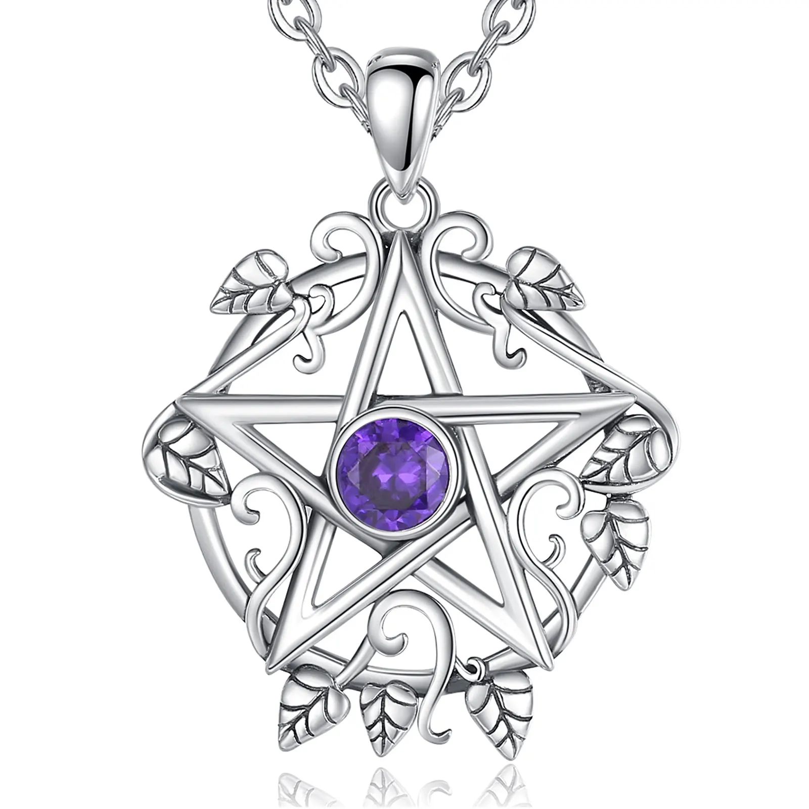 Eudora Halskette aus 925er-Sterlingsilber, Wicca-Pentagramm-Blätter, lila Zirkon-Anhänger, feiner Hexerei-Schmuck, Party-Geschenk für Frauen
