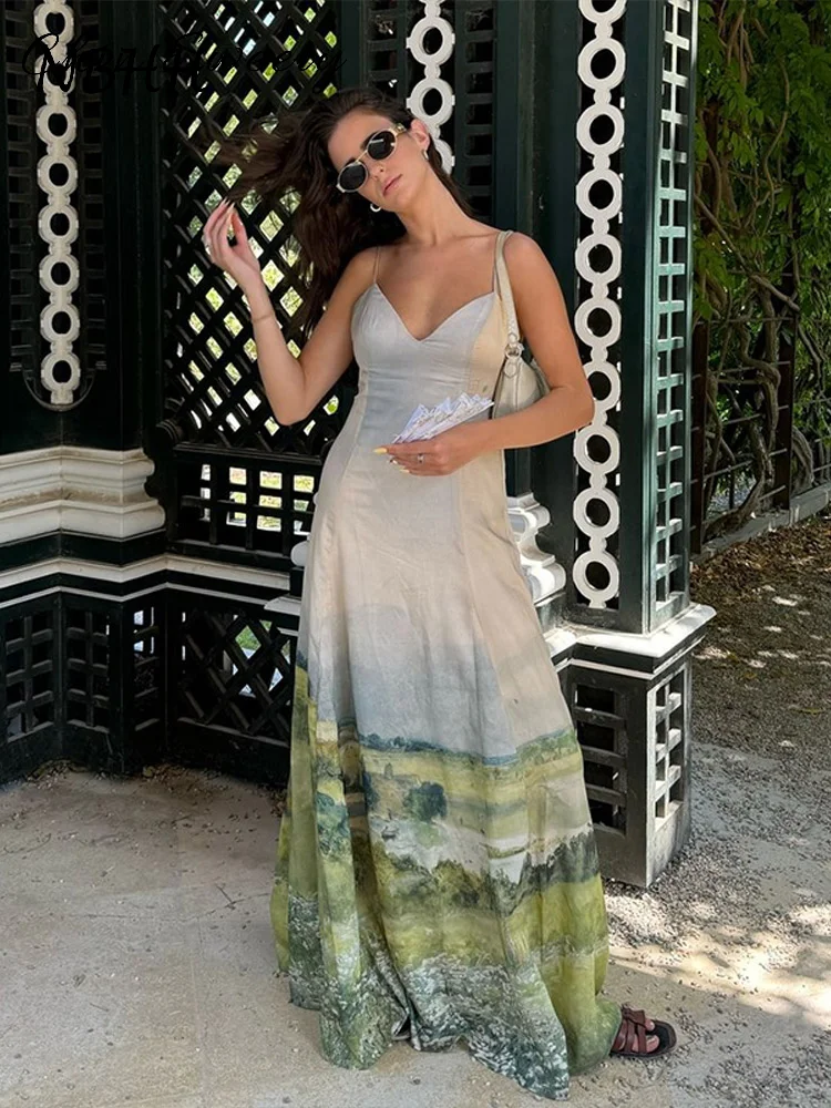 เซ็กซี่Tie Dyeชุดสลิงยาวผู้หญิงพิมพ์VคอBackless Maxiชุดหญิง 2025 ฤดูร้อนLady Beach Robes