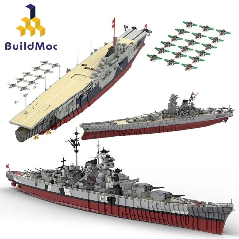 

BuildMoc военный корабль Бисмарк, набор строительных блоков Yamato, боевой корабль, Зеппелин, лодка, Коллекционная модель, кирпичи, игрушка в подарок