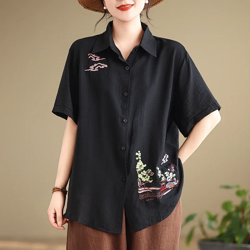

2024 Women's New Summer Fashion Loose Casual Versatile Turn-down Collar Heavy Industry Embroidered Short Sleeved Shirt Tops L249