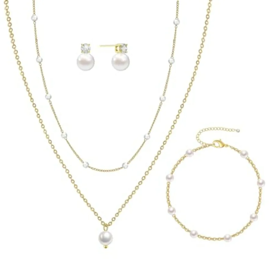 

DIBOLA Gold Jewelry Set for Women, Dainty Layered 14K Gold/Silver Pearl Choker Necklaces and Earring Set Pearl Earrings Bracele