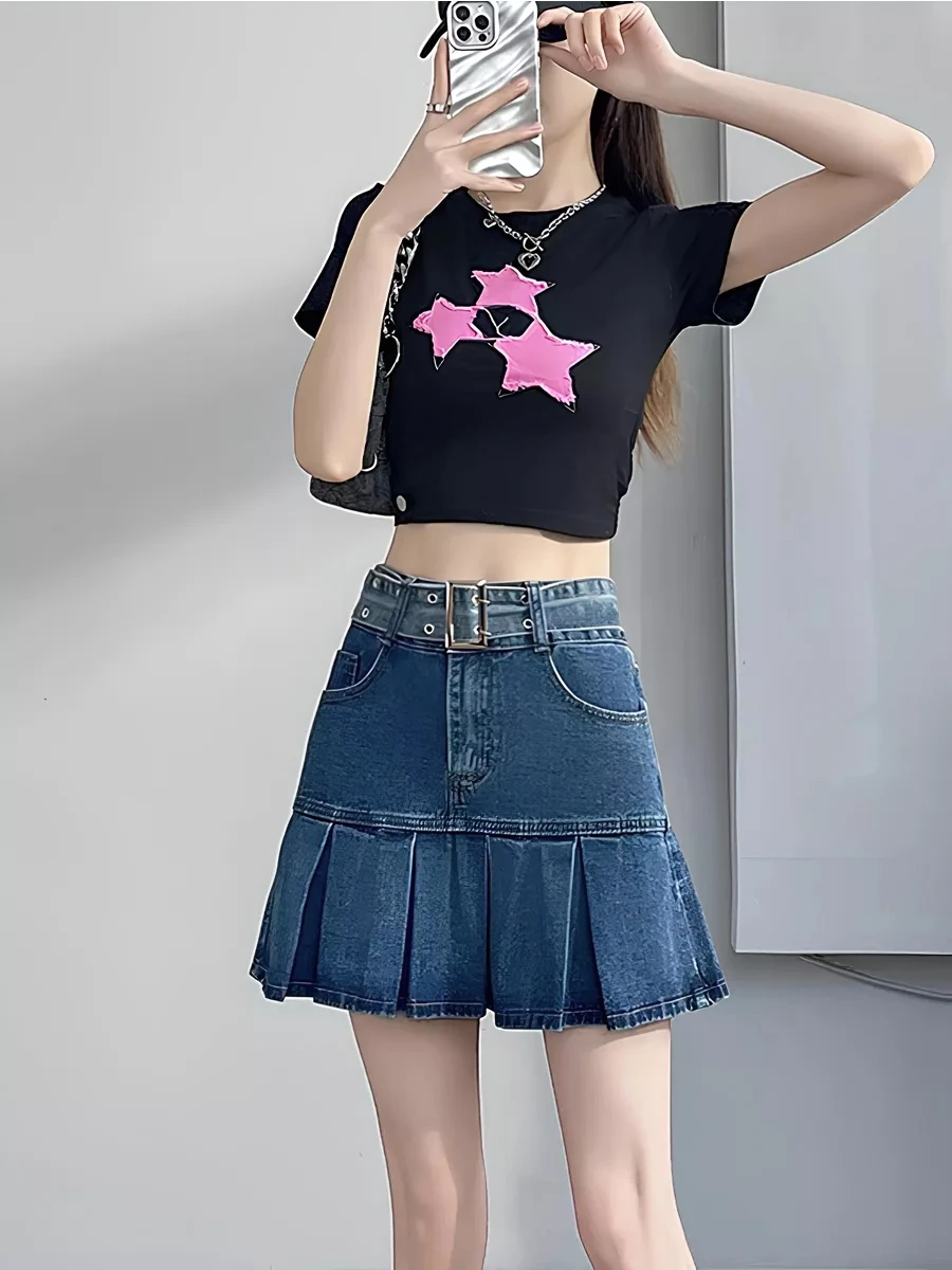 Y2k Spicy Girl Cowboy Half Skirt 2024 New Design High Waist Slim A-line Short Skirt Women's Summer Pleated Skirt