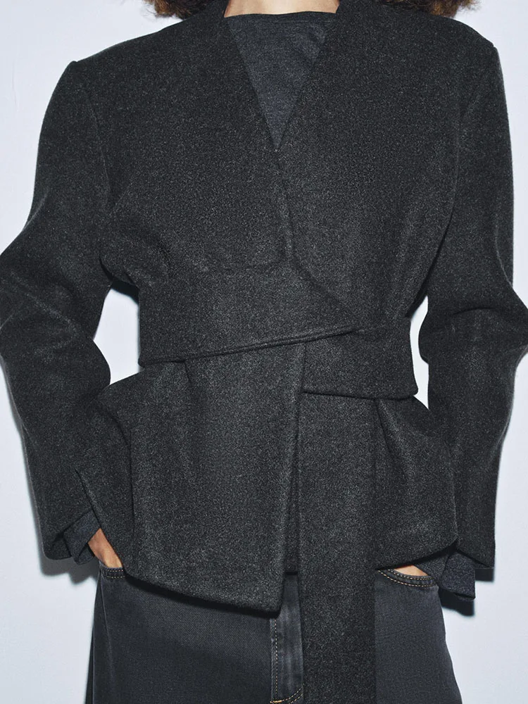 معطف نسائي أنيق وناعم مع حزام، إصدار جديد لشتاء 2025، أزياء نسائية عصرية بياقة على شكل V وأكمام طويلة للسيدات #3