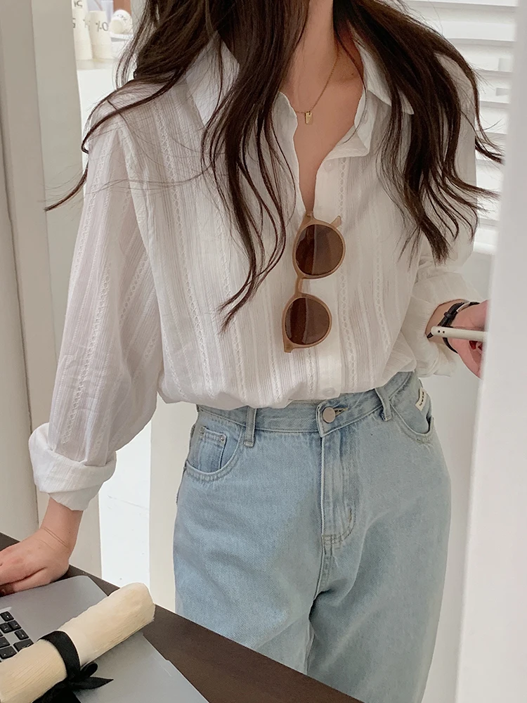 Long Sleeve Striped Sun Protection Shirt Thin Spring Design Women's Top Korean Style Loose Fit  Collar White Shirt
