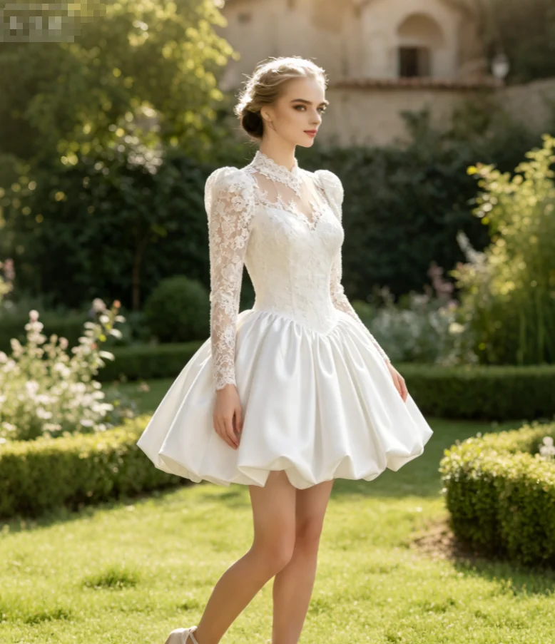 Simple Bubble Mini Short Wedding Dress A Line Soft Satin Civil Boho Bridal Dresses 2026 High Neck Long Sleeve Elopement Beach