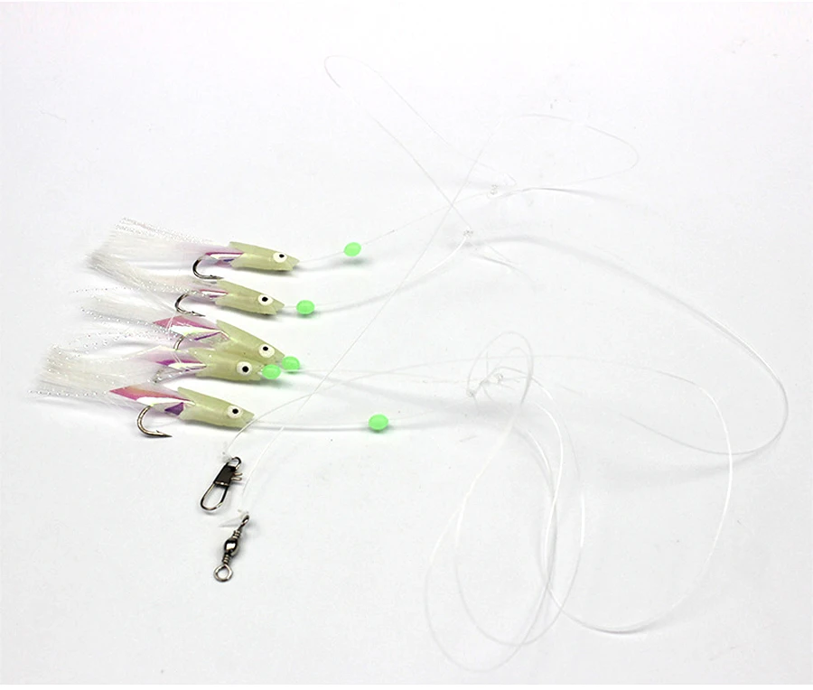 5/25pcs Saltwater Sabiki Rigs Fishing String Hooks with Soft Shrimp Bait Glow Bead Line for Night Fishing Surf Rock Saltwater