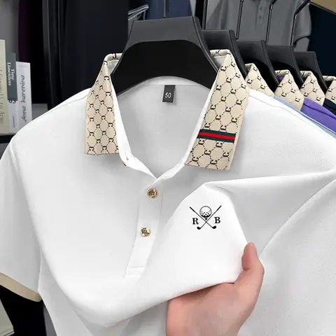 Luxury Quality Men's Soft Silk Cotton Polo Shirt Solid Color Print Lapel Short Sleeve T-shirt Fashion Business Casual Men's Wear
