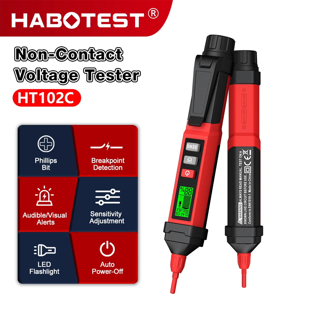 HABOTEST HT102C 12-1000V Test Pencil Multifunctional Voltage Tester NCV Live And Neutral Wire Judgment Audible And Visual Alarm