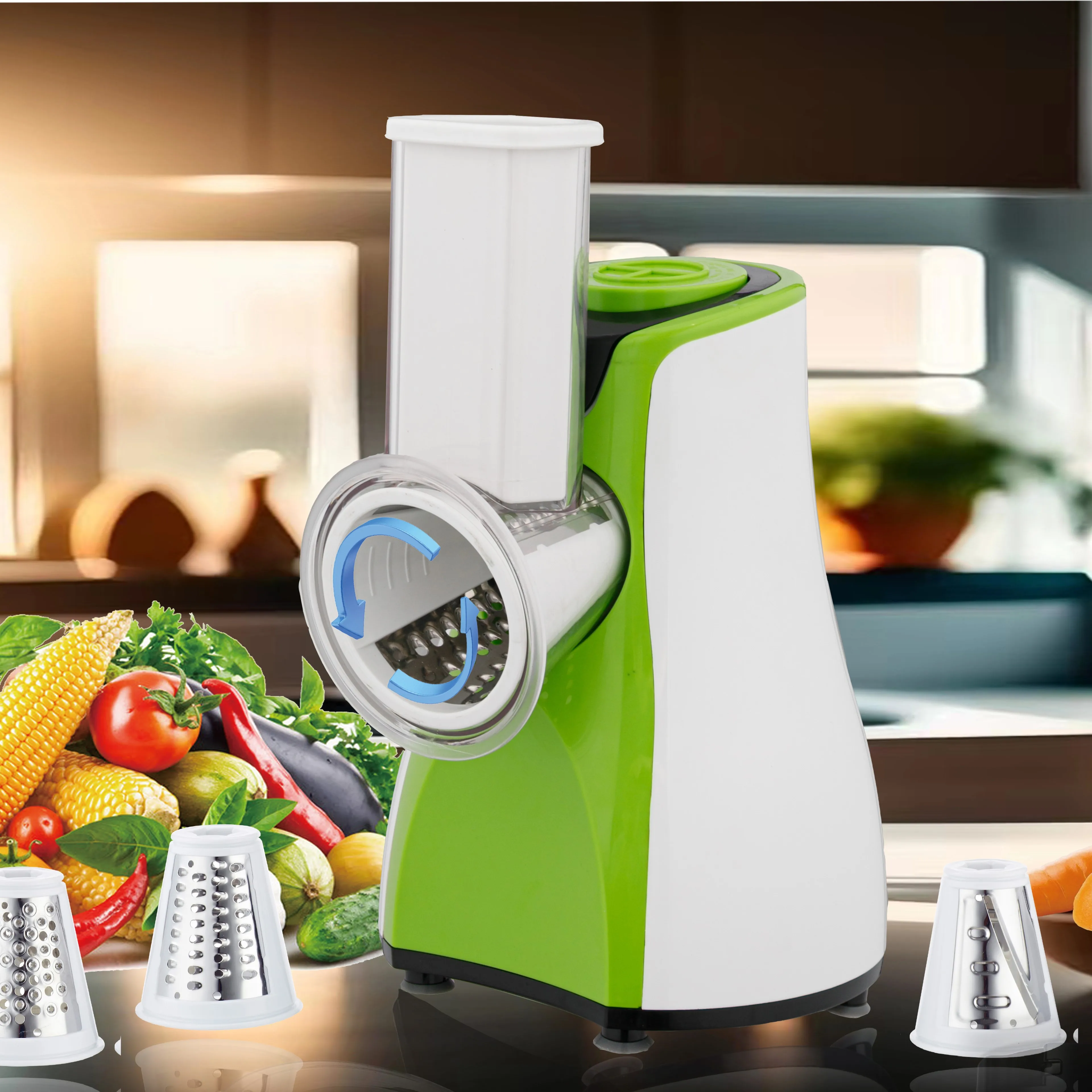 

Многофункциональная электрическая барабанная слайсер 120 Вт, большой калибр, 5 съемных лезвий, полезные материалы, все виды измельчителя для использования на колесах