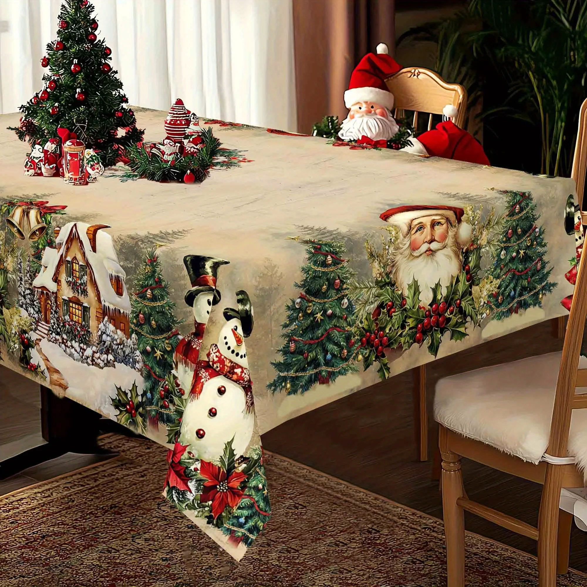 Tablecloth 1pc - Rectangular polyester tablecloth with retro wooden pattern and Christmas theme