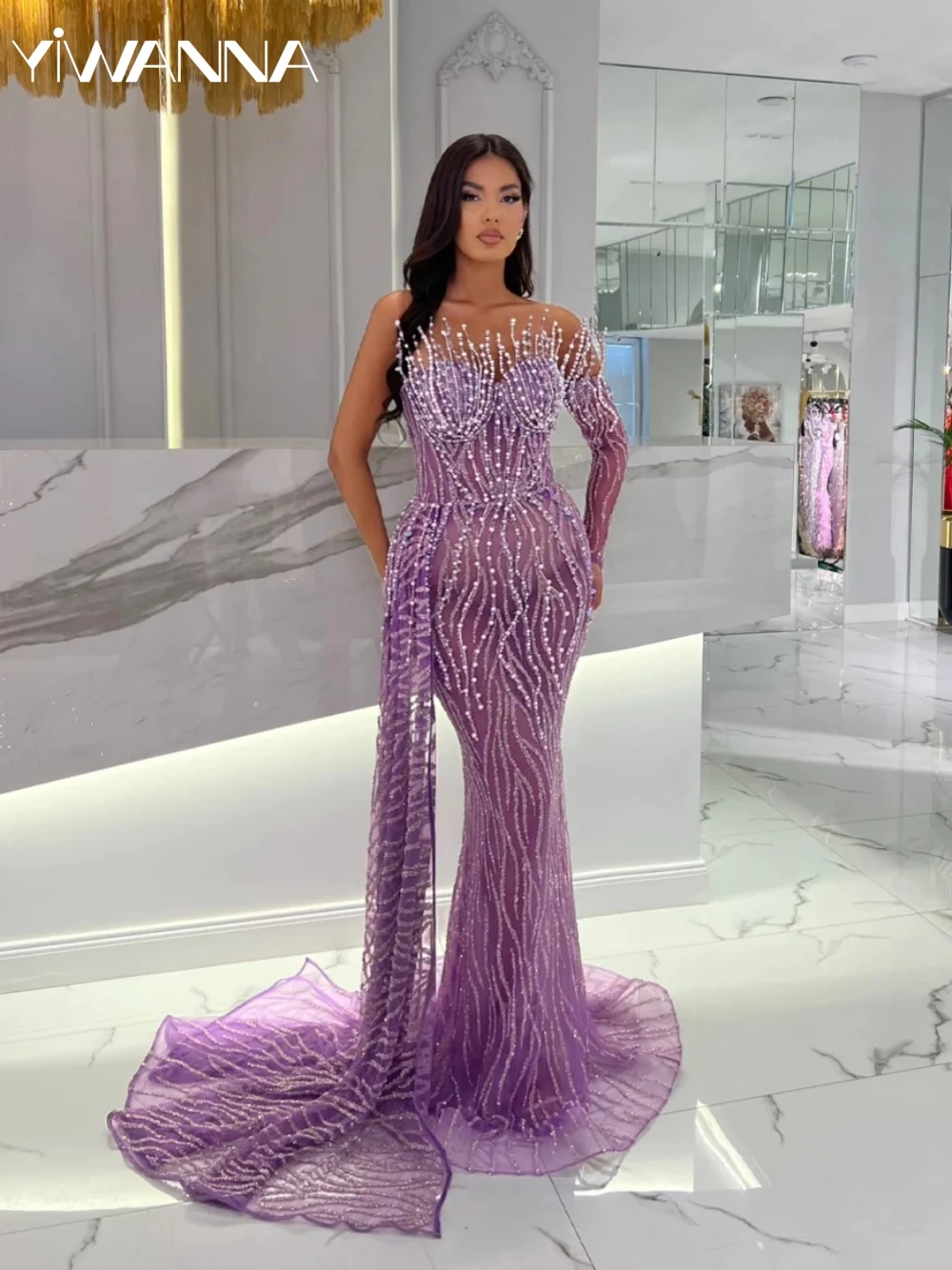 

Purple Mermaid Long Sexy Illusion One Shoulder Evening Dress Glitter Beads Pearls Prom Gown Cocktail Dresses Robe De Mariée