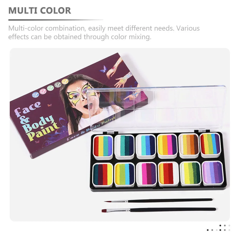 12 Colors Gradient Water Washable Paint Set Matte Shimmer Mixed Body Face Art Kit 3012 H 12 Grids 2 Brushes Halloween DIY