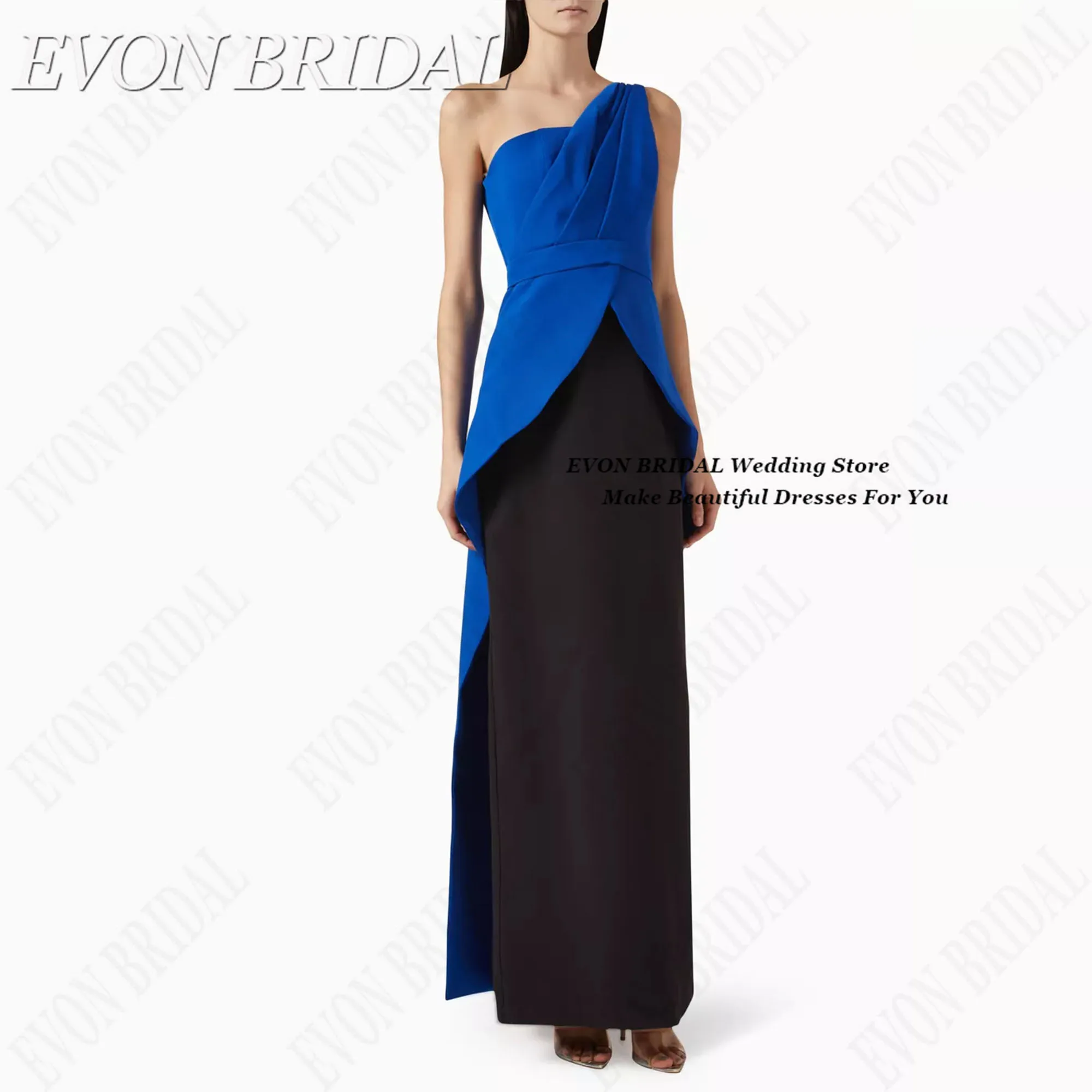 

Color Clashing Midi Evening Dress One-Shoulder Fishtail Wedding Guest Dress Slim-Fit Woman Ceremony Dress EVON BRIDAL Customized