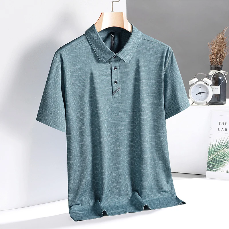 Korea Style Solid 2024 Brand Fashion Silk Polo Shirts Short Sleeve Men\'s Black White Summer Breathable Tops Tee Oversize 5XL