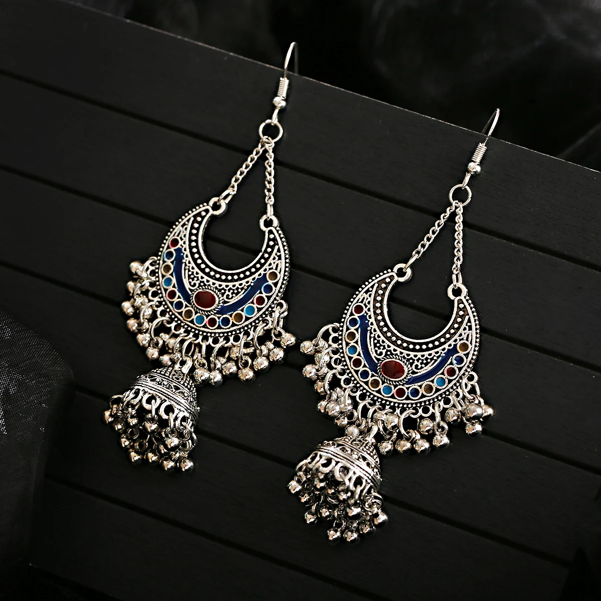 Ethnic Silver Color Indian Jhumka Gypsy Jewelry Boho Geometric Lantern Tassel Oxidized Earrings Women\'s Afghan Hanging Earrings