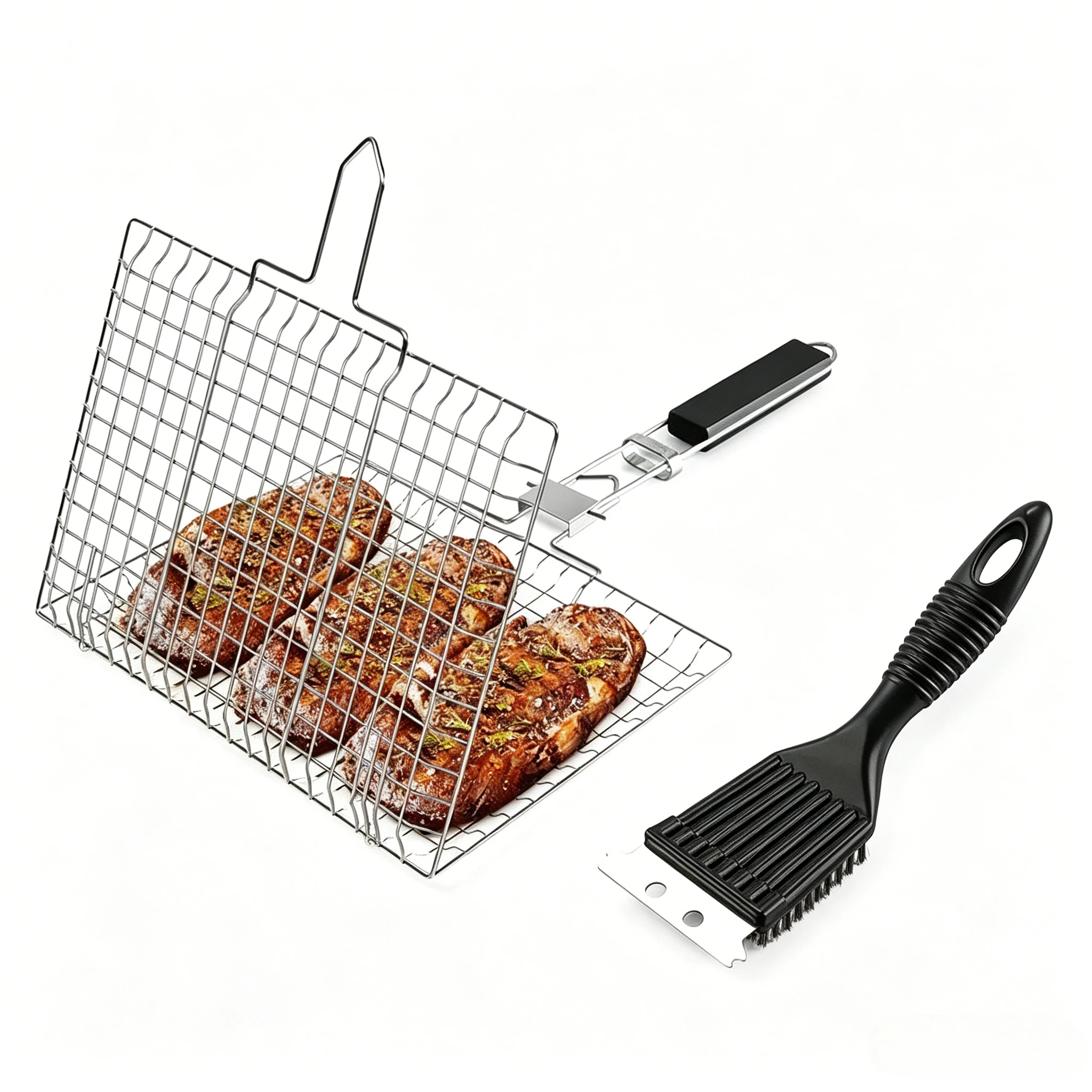 Grelha de Churrasco Portátil Dobrável de Aço Inoxidável para Acampamento ao Ar Livre com Alça Removível, Cesto para Assar Peixe, Ferramentas para Churrasco