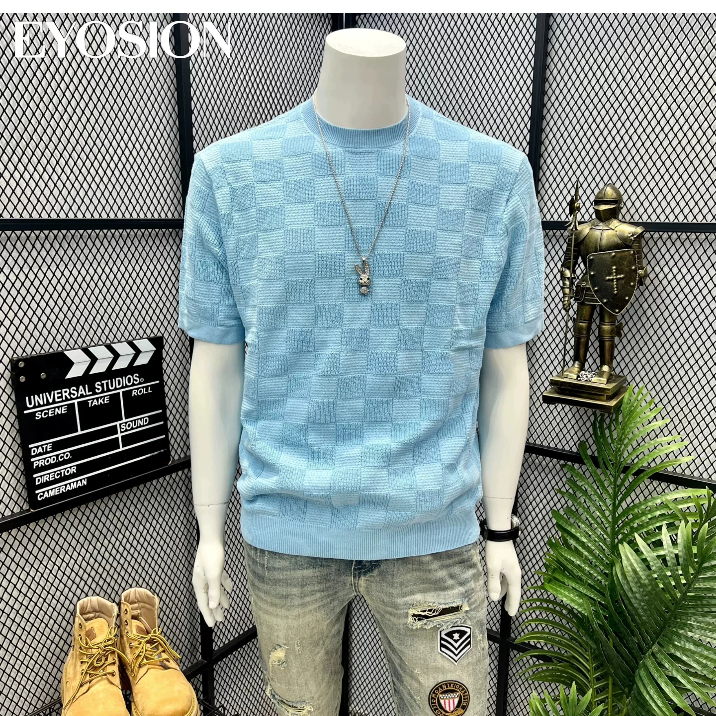 Men's PoloT-Shirts Summer Linen Turn-Down-Neck Plaid Checkered High Quality Men Clothing Summer Casual Short Sleeved Tee Tops
