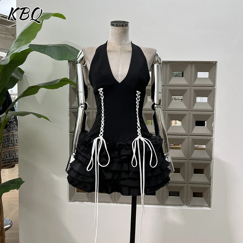 

KBQ Solid Spliced Lace Up Slimming Dresses for Women Halter Sleeveless High Waist Backless Temperament Dress Female Fashion New
