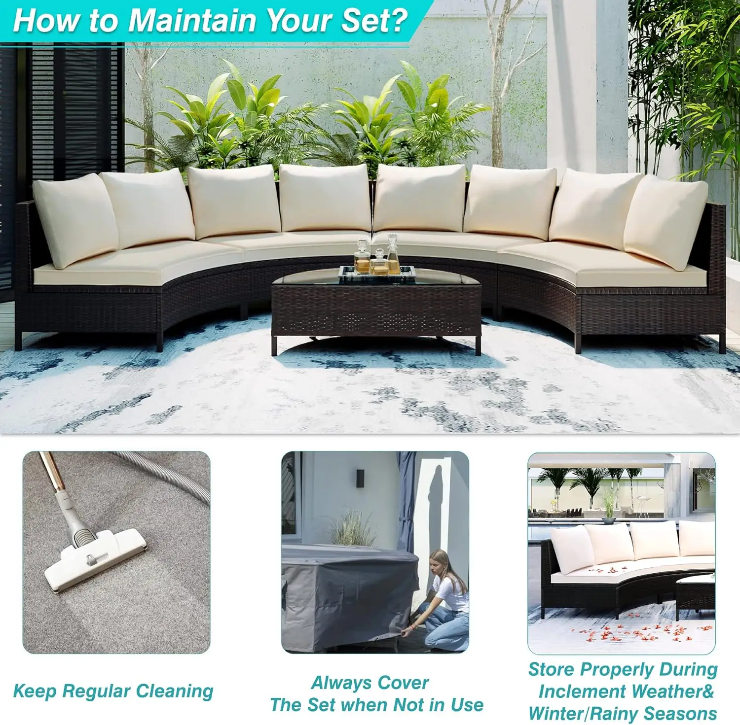 All-Weather Brown PE Rattan Wicker Sofa Set, Sofa Set with Tempered Glass Table, Outdoor Patio Sectional Furniture Set