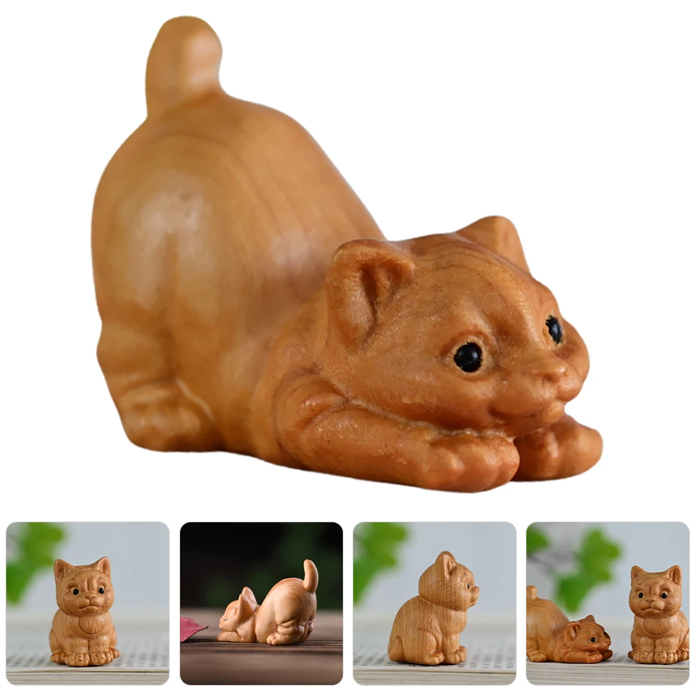 

2pcs Cat Statue Hand Carved Wooden Sculptures Adorable Shape Desktop nament Wood Figurines Home Decor Minimalist Gift