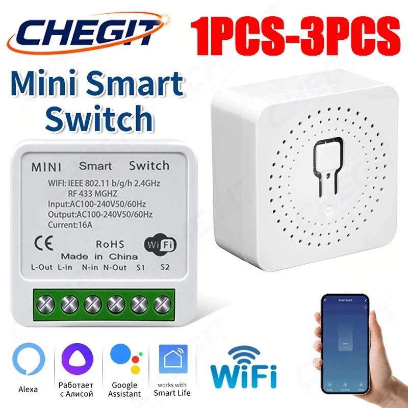 

Модуль умного Wi-Fi выключателя 16А (1-3 шт.) с мониторингом энергопотребления, 2-стороннее управление, мини-автомат 16А, голосовое управление для Alexa, Google, Алисы