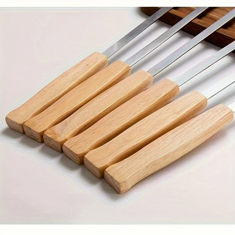 10pcs Wooden handle anti-scalding barbecue skewers can be reused 304 stainless steel metal barbecue skewers wide skewers