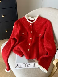 Zoki Ruffles Patchwork Red Cardigan Sweaters Women Sweet Long Sleeve Knitted Coats Korean Fashion Loose Female Love Buttons Tops