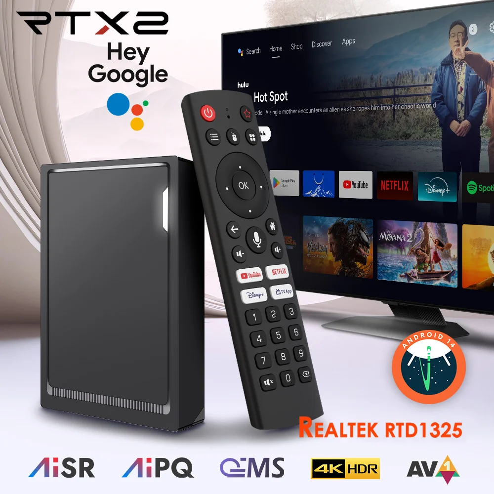 RT-X2 Android 14 TV Box 4GB 32G 4GB 64GB Realtek1325 يدعم Dolby Atmos Vision AV1 HDMI 2.1b 2T2R Wifi5 BT5.2 Android TV Box