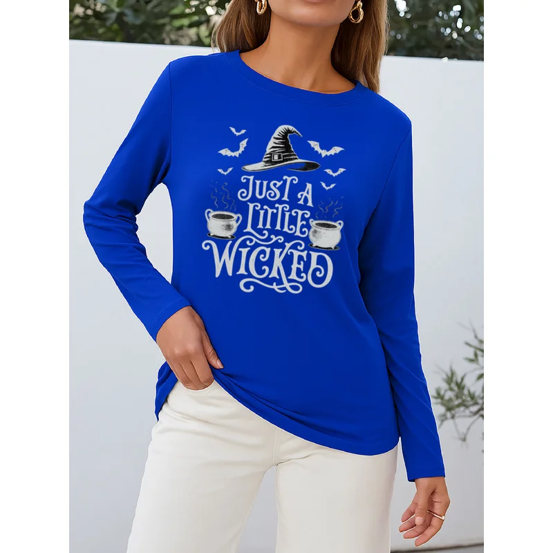 Womens Halloween Graphic Tee Witch Hat Cauldron Pattern Long Sleeve Casual Shirts