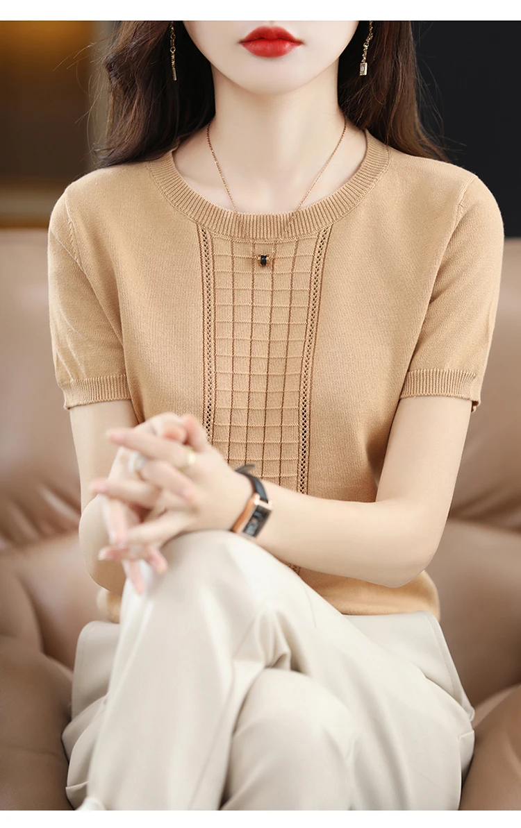 Women's T-Shirt Summer New 100% Cotton Pullover Short Sleeve Casual Solid Color Knit Crew Neck Ladies Tops Tees Blouse