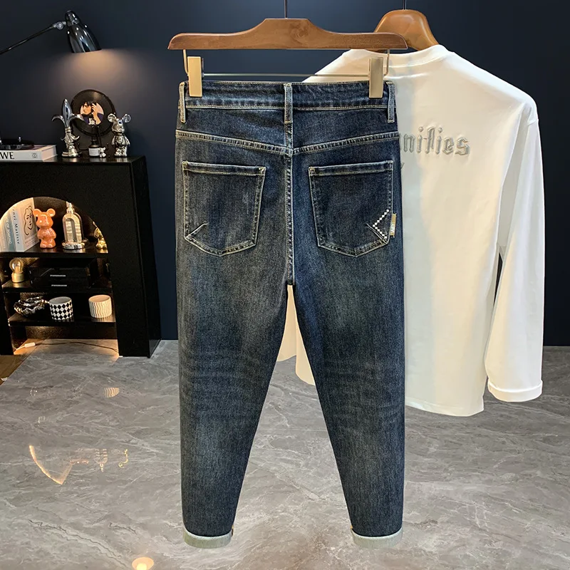 

2025 new blue tapered small leg jeans for men's autumn versatile fashion, high-end casual elastic slim fit pants
