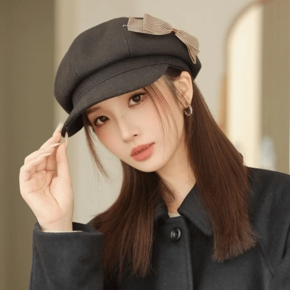 

Casual Wool Bow Beret Warm Big Head Circumference Newsboy Hat Korean Style Versatile Octagonal Cap Autumn Winter