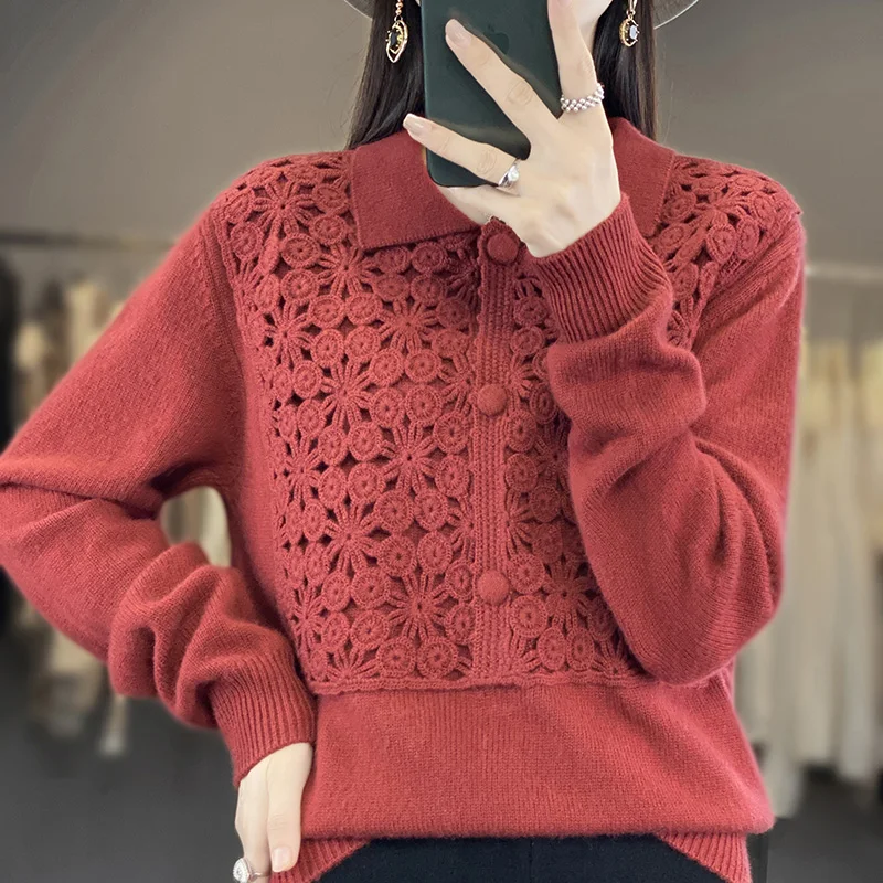 Shirt Collar Women Clothing Loose Sweaters And Pullovers Hot Sale  Autumn/Winter 100% Cashmere And Wool Knit Long Sleeve NJ01