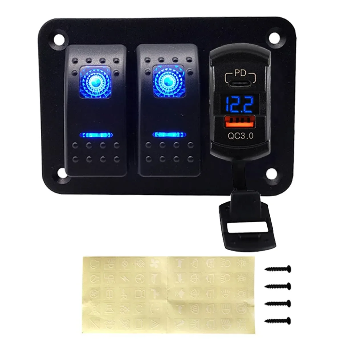 12V-24V DC Rocker Switch Panel With  3/4/5/6/8 Gang.QC3.0 & PD3.0 Dual USB Outlets For Cars Trucks Boats RV
