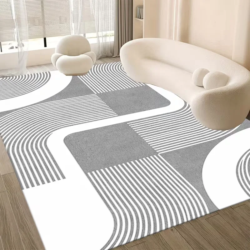 Black White Gray Abstract Semicircle Area Rug Modern Brush Stroke Geometric Print Soft Carpet Minimalist Mat For Living Room