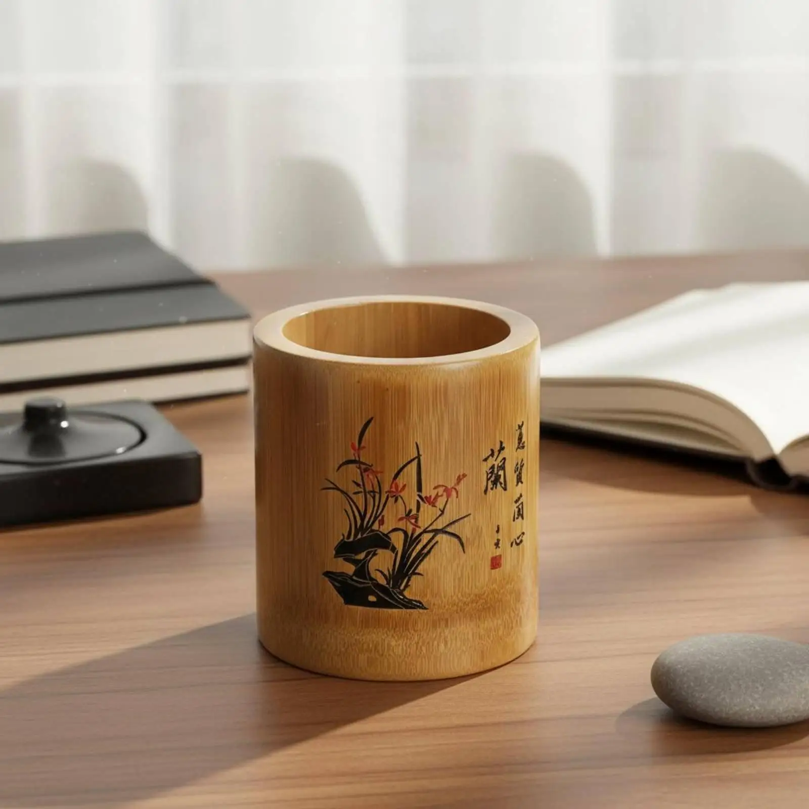 Artistic Bamboo Pen Holder Multi-functional Carved Stationery Organizer for Office Study Desk Storage