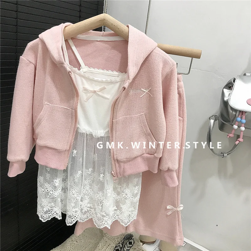 

Autumn Girls' Korean Style Sports Long Sleeve Cardigan Set Children's Patchwork Camisole Base Shirt Long Pants Three-Piece Set