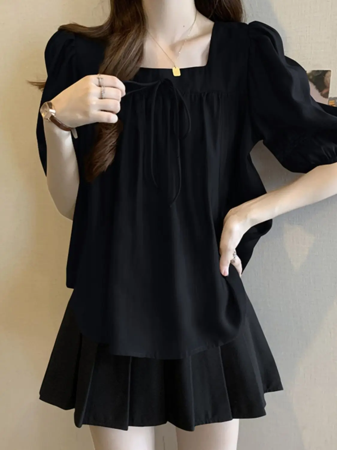 

French Square Collar Puff Sleeve Chiffon Shirt for Women Short-sleeved Summer Large Size Loose Top