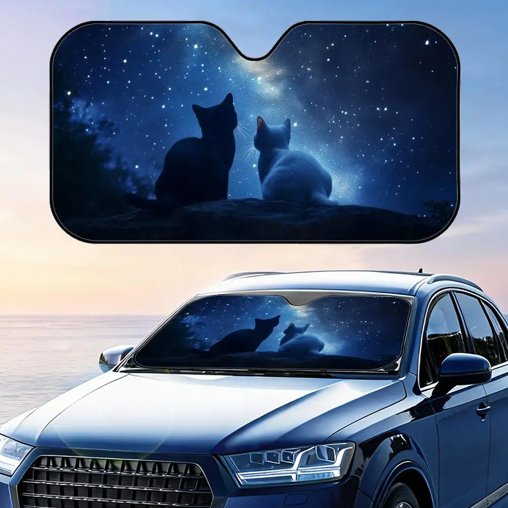 

Two Cats Under Stars Sun Visor Foldable Universal Car Windshield Sun Shade UV Protection Heat Insulation Foldable Cover