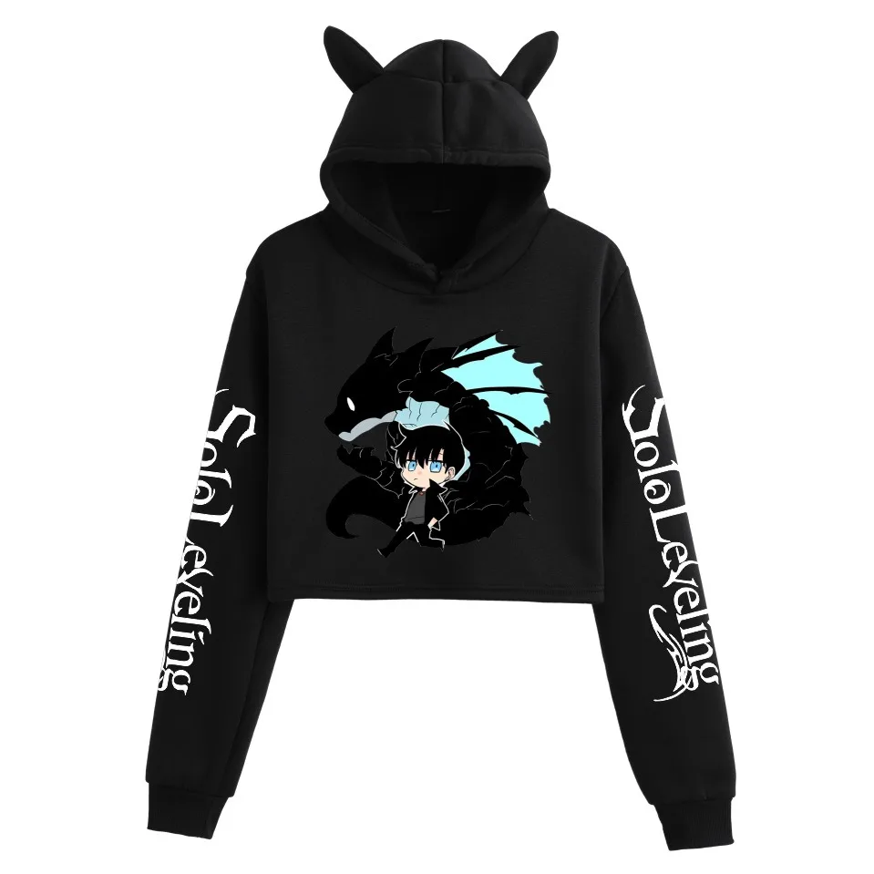 

Solo Leveling Hoodies Women Cat Ear Crop Tops Hoodie Cartoon Fashion Girl Casual Sweatshirt Harajuku Popular Anime Short Hoodie