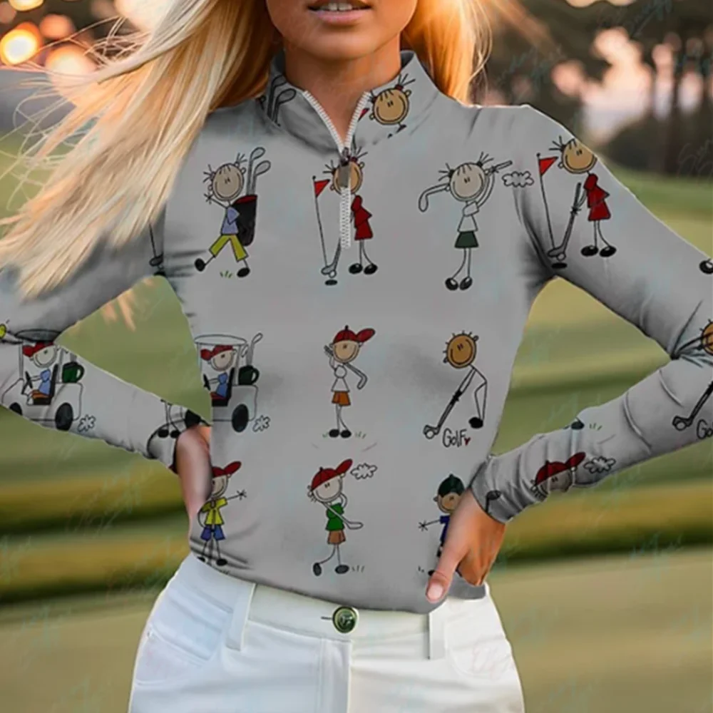 2024 new women's golf Polo camicia a maniche lunghe cute cartoon print traspirante ad asciugatura rapida autunno e inverno zipper golf top