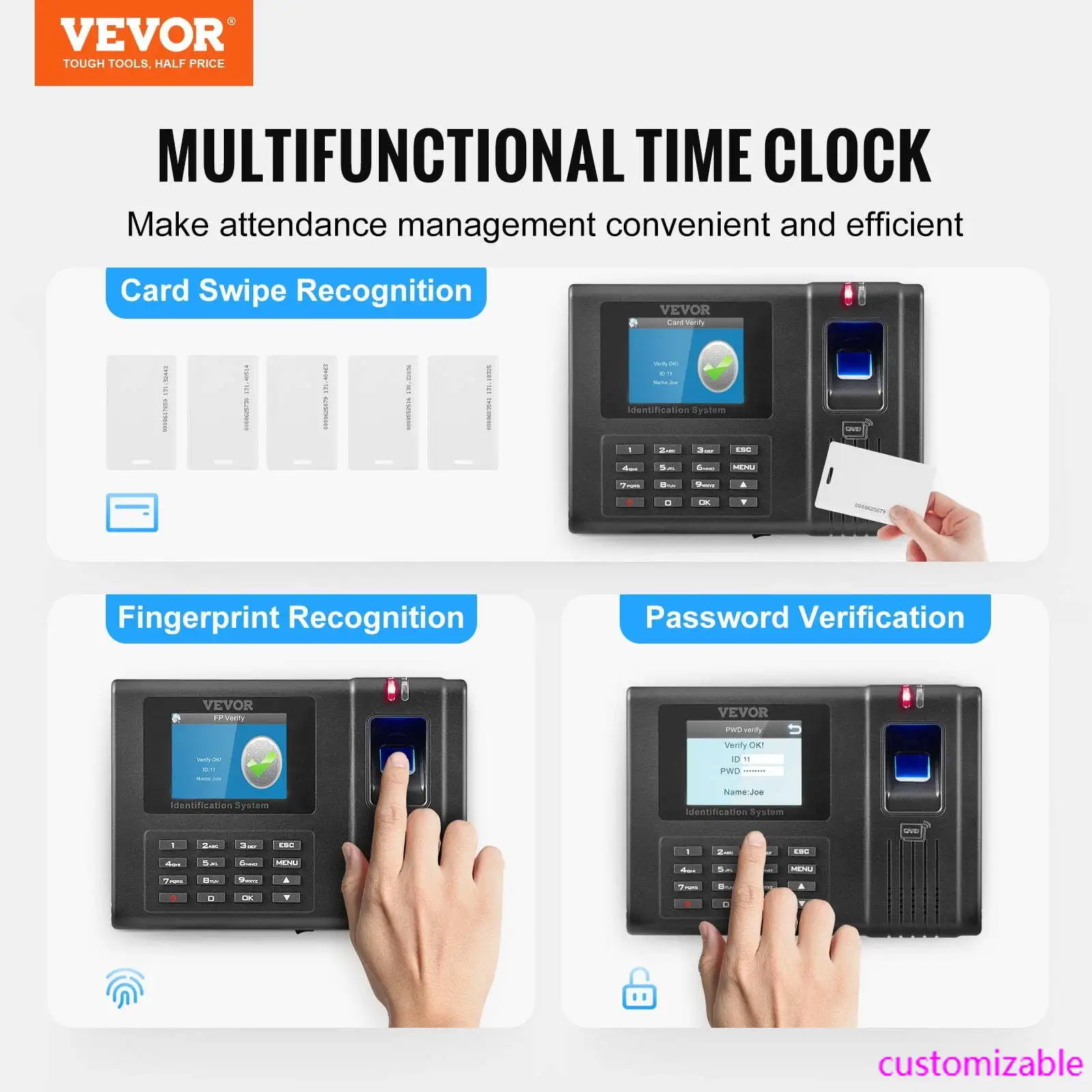 

Time Clock, Employee Attendance Machine with Fingerprint, RFID and PIN Punching in One, Standalone Biometric Clock in Machine