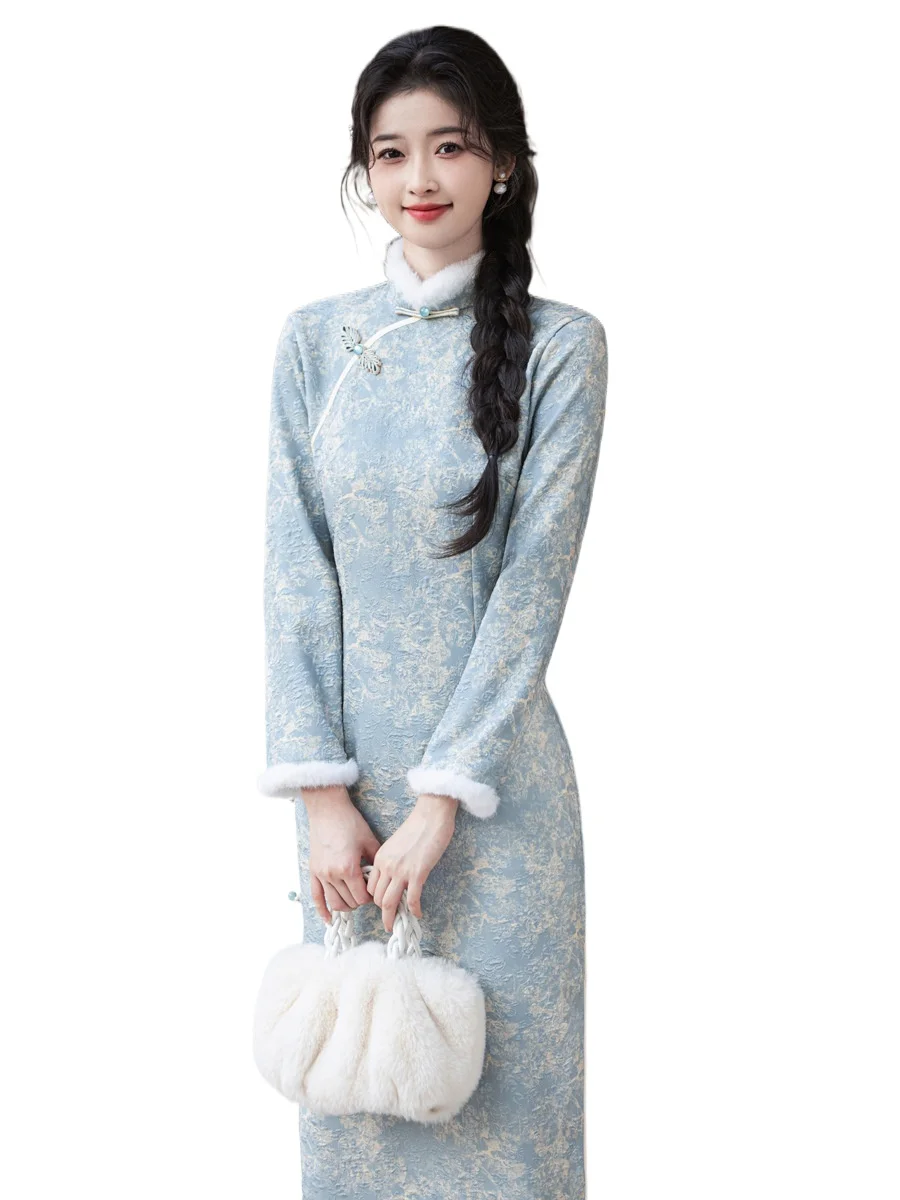 New Chinese Style Improved Daily Cheongsam, With Added Velvet And Thickened Temperament Dress, Women\'s Winter Long Sleeved