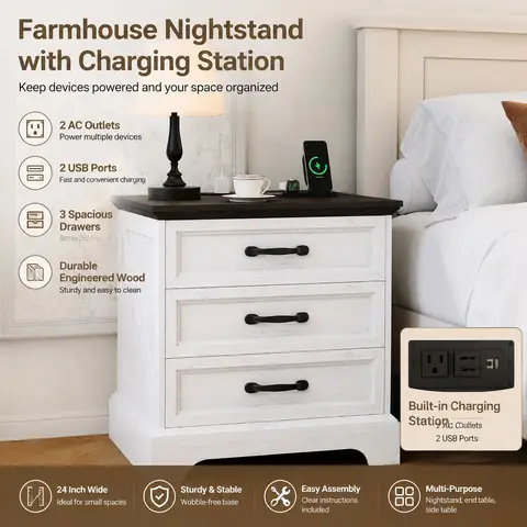 Farmhouse Nightstand with Charging Station 3 Drawer White Bedside Table with 2 AC Outlets and 2 USB Ports Storage Cabinet End Table for Bedroom Living Room Small Space
