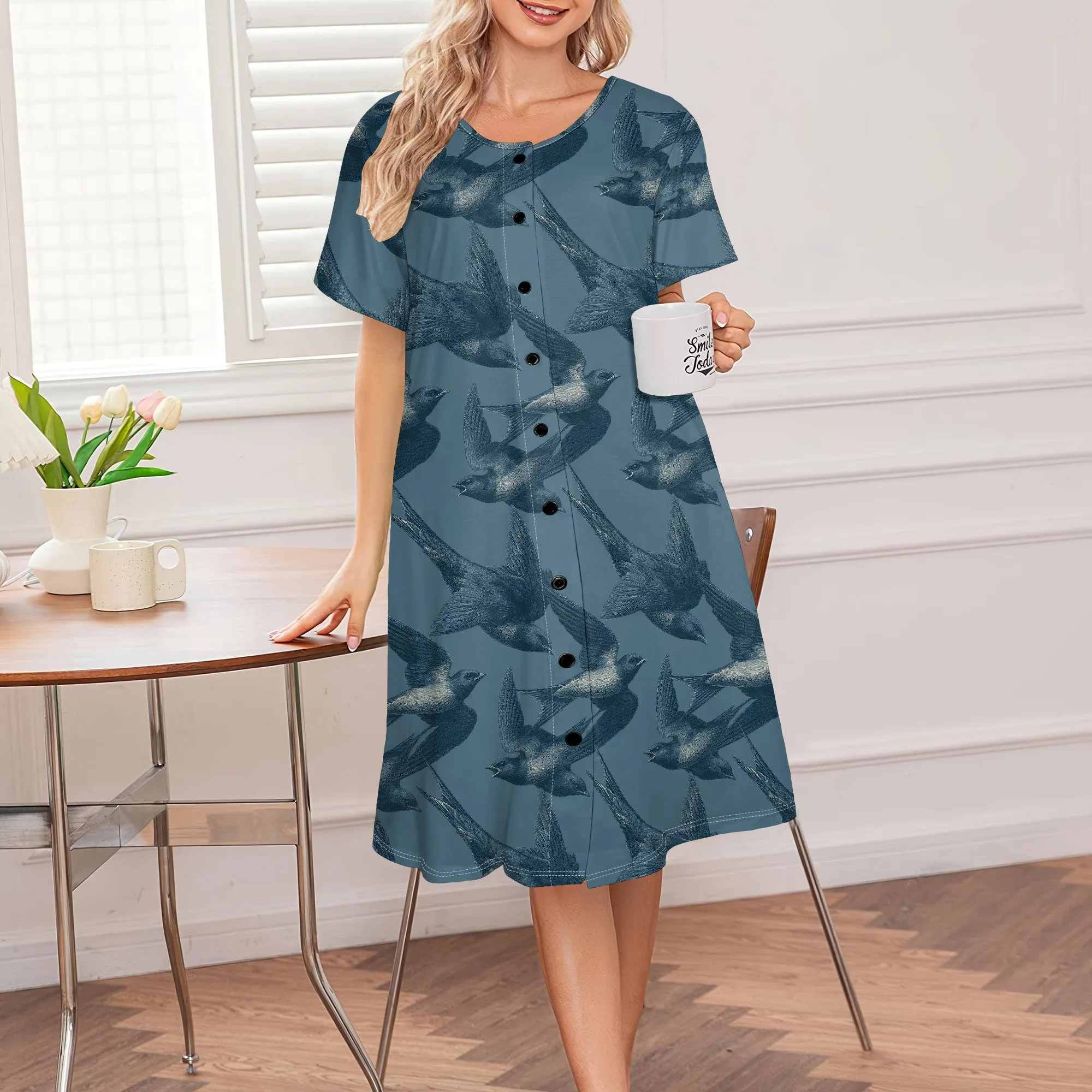 

Vintage Swallow Print Casual Dress for Women Elegant Blue Bird Shirt Dress Spring Summer Daily Outfit S-3XL