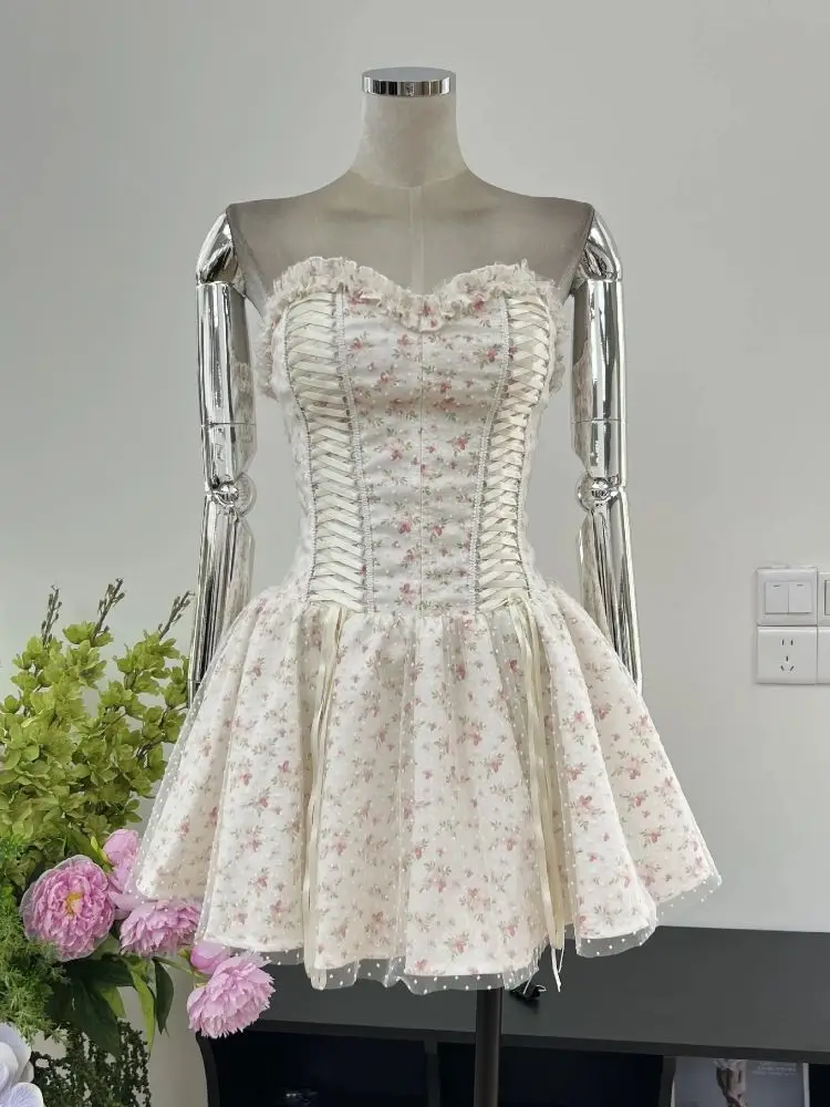 

Новое летнее бальное платье во французском стиле с открытой спиной, элегантное нежное девчачье короткое милое женское вечернее платье с цветочным принтом