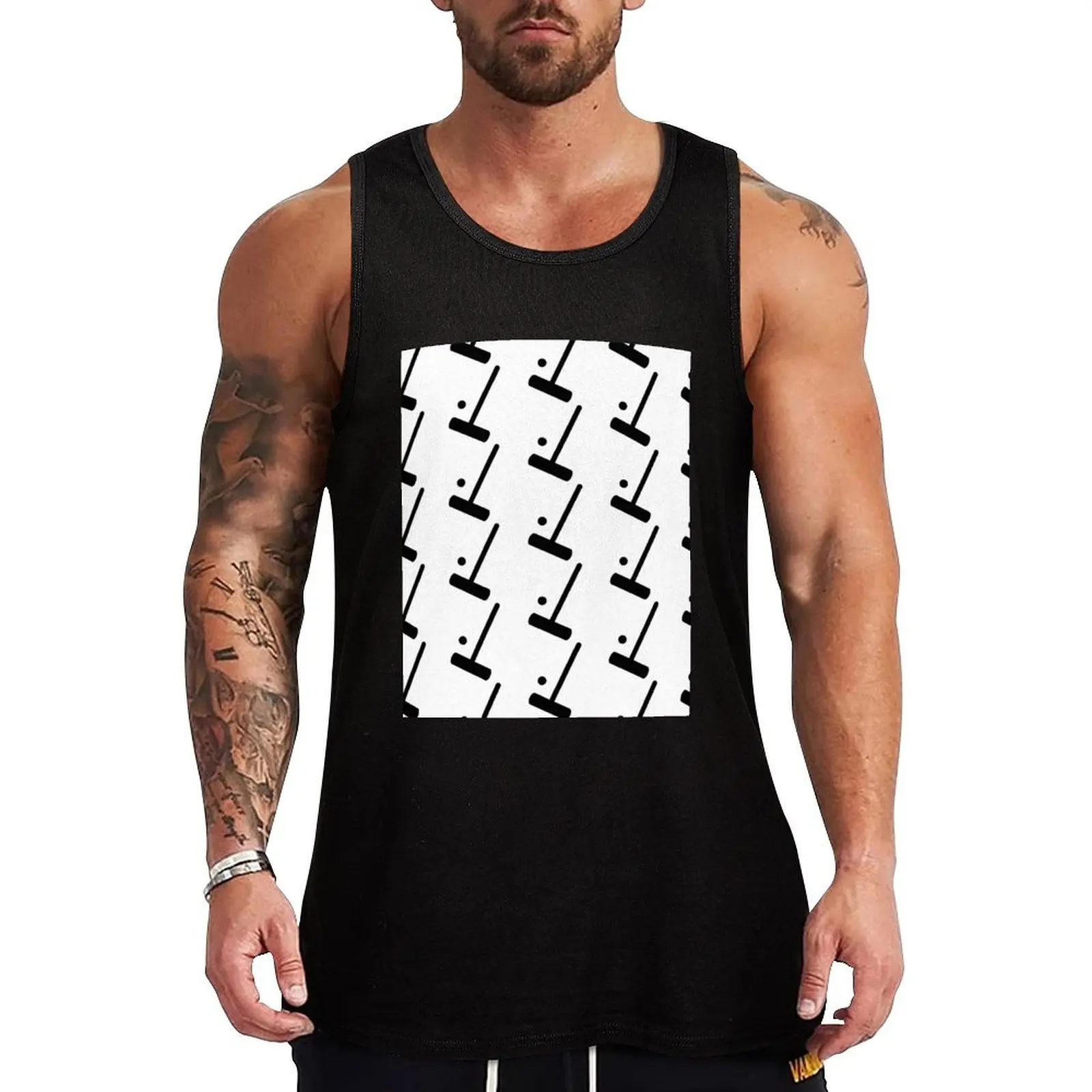 

Silhouetted Croquet Mallet and Ball Patterned Tank Top gym top clothing men sleeveless shirt man gym male top