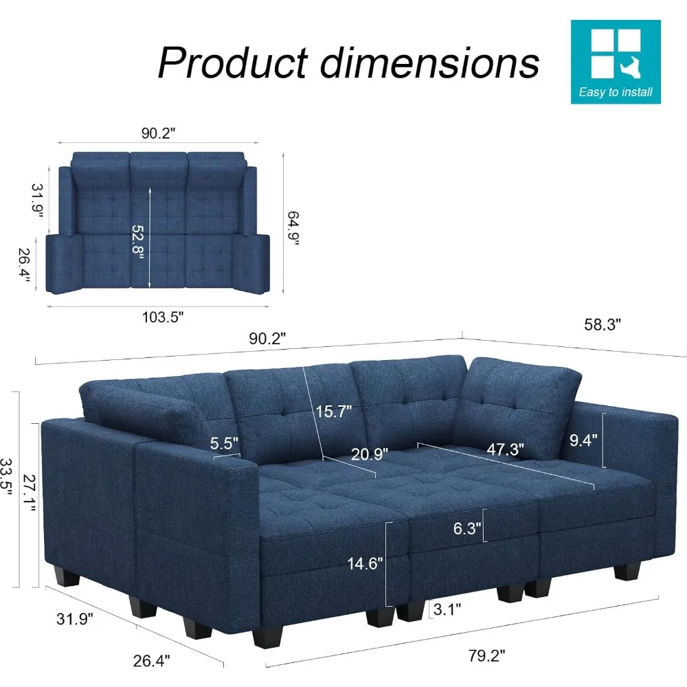 Modular Sectional Sofa with Storage Sectional Sleeper Couch Modular Sofa Bed for Living Room Blue