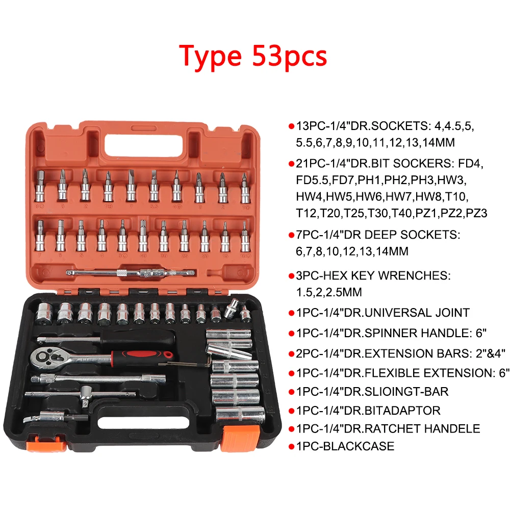 Motorcycle Repair Tools 46Pcs 53Pcs 1/4Inch Drive Socket Set Ratchet Torque Socket Wrench Rod Torx Bit Socket Bike Removal Tools